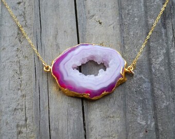 24k Gold Electroplated Pink Banded 'Druzy' Agate // 14k Gold Filled Chain