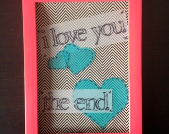 in the morning light, original collage art, i love you, pink, aqua, black and white heart collage with stitching black typography framed