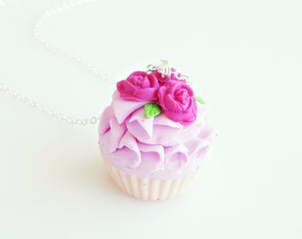 Romantic Roses Cupcake Necklace, Cupcake Charm, Cupcake Necklace, Cupcake Jewelry, Food Charms, Miniature Food Jewelry