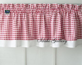 Gingham Check Red and White Country Curtain Modern Double Layered Kitchen Curtain Short Valance Checkered Farmhouse Curtain 13" x 43" Wide
