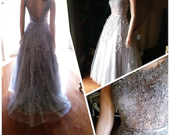 Grey wedding dress, sheer wedding dress - beaded lace, sheer bodice
