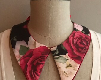 4 WAY - Pointed Peter Pan Collar Necklace with Either Rose Print or Red Velvet Sides and Either Long Point or Short Point with Bow Closure