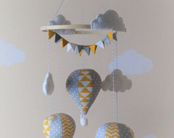 Hot air balloon nursery mobile mustard/yellow/orange/mint/pink grey white MADE TO ORDER
