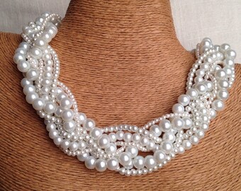 Chunky pearl necklace, braided pearl necklace, white pearl bridesmaids necklace, pearl necklace, bride necklace, statement necklace, pearls