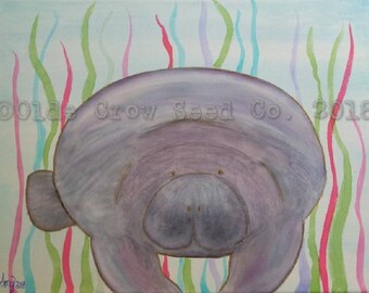 Manatee Watercolor Painting 11x14 Original Nautical Folk Art