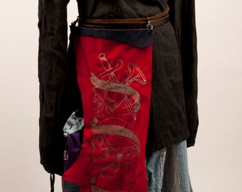 Red leather battleskirt sidebanner Hamlet embroidery larp fantasy fair banner costume What Dreams may come Shakespeare skull sale was 109