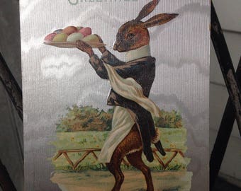 Vintage Easter Postcard with Bunny Holding a Tray of Eggs