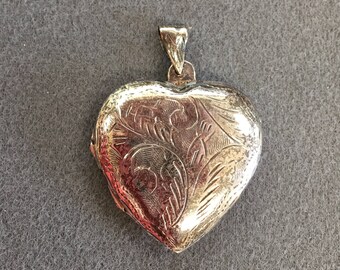 Large Hand Engraved Sterling Silver Heart Locket. Free shipping