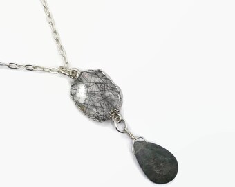 Rutilated Quartz Necklace, Labradorite Necklace, Sterling Silver, Vintage Necklace, Minimalist, Artisan, Handcrafted, Sterling Pendant