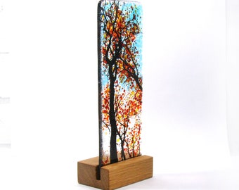 Fused Glass Autumn Tree in wood stand 21cm x 8cm