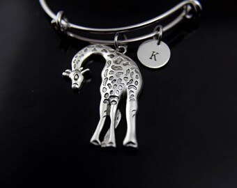 Large Giraffe Charm Bracelet Silver Giraffe Charm Bangle Giraffe Jewelry Expandable Bangle Personalized Bangle Initial Charm Initial Bangle