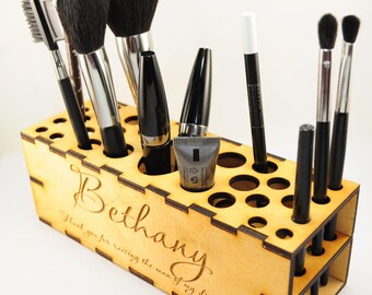 Makeup brush holder pencil brushes glitter organizer make-up cosmetic storage desk wooden gift for her make up lipstick desktop caddy