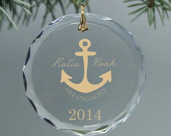 Engagement Gift - Nautical Anchor Couple's Monogrammed Circle Custom Christmas Ornament - Gold Text and Design
