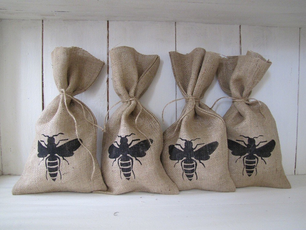 set of four QUEEN BEE Burlap Gift Bag Set