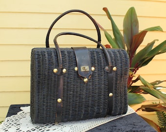 50s Vintage Oversize Basket Purse - Vintage 1950s Handbag - Pan Am Imports - Oversize Bag - Large Purse - Picnic Basket - Black Woven Purse