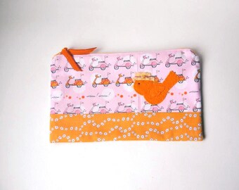 Zipper Pouch, 9.25 x5.75" in orange, pink, gray and white vespa scooter fabric, with Handmade Felt bird Embellishment, Bird Pencil Case