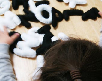 Pack of 26 black and white Plush Alphabet Letters, Toddler Learning, Learn ABC, Plush Letters, Pre School activities, Nursery Play, Dyslexia