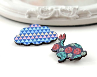 Broche de madera conejo y nube Bunny set rojo azul