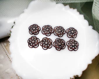 Rustic Oxidized Bead Caps - 8 Dark Patina Silver Tone Scalloped Disc Caps - 12mm - Age Worn Dark Primitive Ajoure Filigree - haunter
