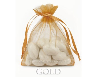10 Gold Organza Bags, 8 x12 Inch Sheer Fabric Gold Favor Bags