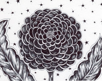 Divine Flower Drawing, Pen and Ink, HAND DRAWN 5x7" Flower Wall Art, Cosmic, Stars, Starry Night "Awaken"