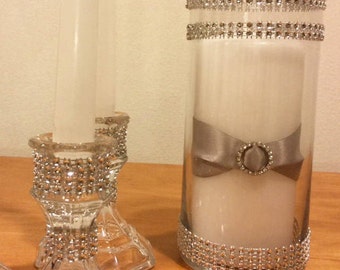 BEAUTIFUL unity candle set with candle holders. Complete 6 piece set.