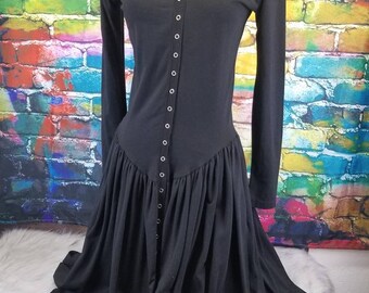 Vintage 1980s Betsey Johnson Punk Label Black Snap Front Drop Waist Dress Mid Length Medium
