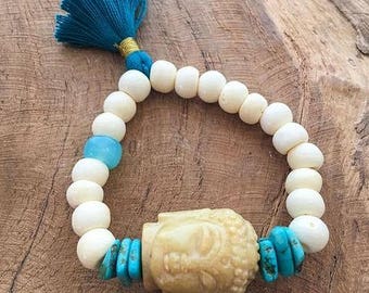 Jade Buddha Bracelet | Raw Turquoise | Aqua Chalcedony | Bone | Tassel | Stack Bracelet | Bohemian | Gemstone
