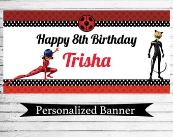 Personalized 18"x36" Miraculous Ladybug Birthday Party Banner | Vinyl Party Banner | Cat Noir Party Decoration | Custom Vinyl Party Banner