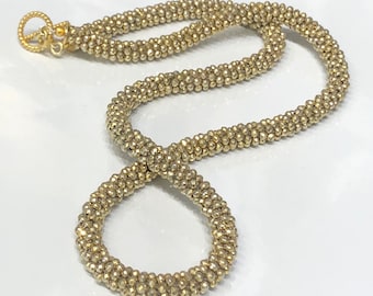 Gold Coated Pyrite Crocheted Gemstone Necklace with Gold Filled Toggle Clasp (CN87)