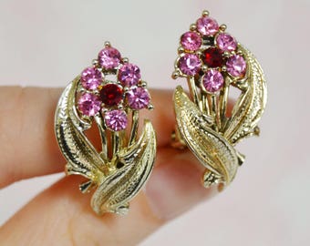 Vintage Clip-On Earrings with Pink Rhinestone Flowers and Gold-Tone Metal