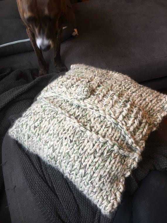 Handknit, Chunky oatmeal heather pillow. Removable cover for easy washing.