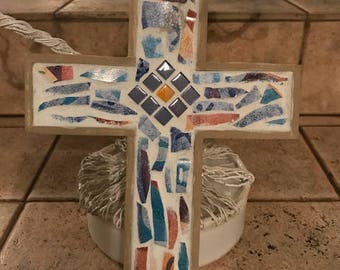 Wooden Cross with Mosaic and China Pieces