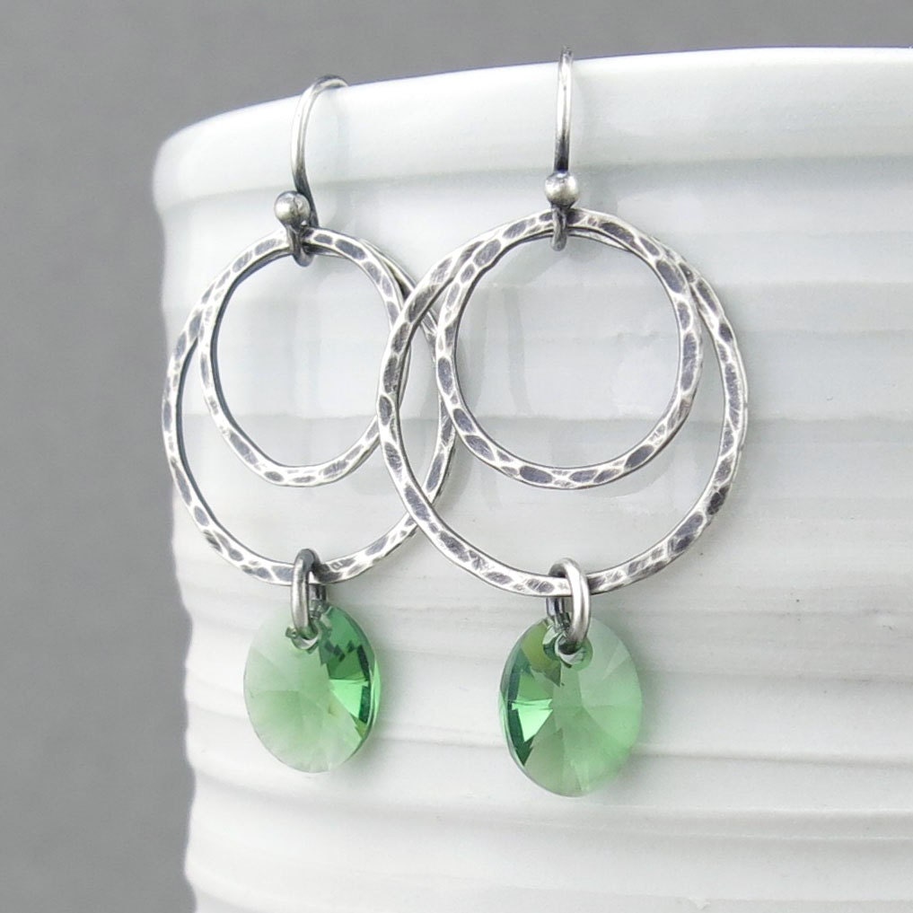 Green Crystal Earrings Silver Hoop Earrings Sterling Silver