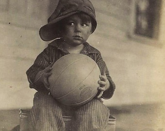 Photo, Antique, Download, Depression Era Boy with Basketball, Paper Ephemera