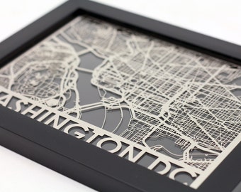 Washington DC Stainless Steel Laser Cut Map - 5x7" Framed | Wall Art