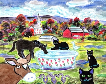 ORIGINAL PAINTING, 3 Black Cats with Rare Lalique Tulip Tub Drinking Fountain in Peacham Vermont, by DM Laughlin