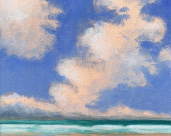 Original Landscape Painting on Canvas Clouds Ocean Sky 8x8 Scandinavian Sky Low Horizon Water Beach