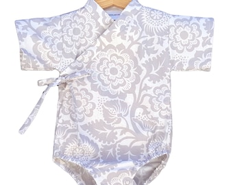 Baby Kimono Bodysuit - Gray Floral - Baby Romper - cool baby clothes japanese jinbei