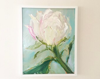 White Peony Painting-FRAMED in WHITE Peony Rose Flower Painting- 16 x 20 White Peony- Large Flower Painting- Stretched Canvas