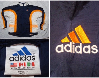 Vintage Retro Men's 90's Adidas Jacket Blue Orange White Neon Full Zip Windbreaker Nylon Jacket Large