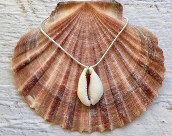boho jewelry, cowrie shell necklace, silver plated necklace