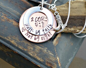 Hand Stamped Scripture Necklace Bible Verse 2 Corinthians 5:7 We Walk By Faith Not By Sight