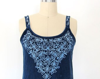 80s Indian Sun Dress Embroidered Long Indigo Blue Festival Hippie 90s Midi Sun Dress Spaghetti Straps Bohemian Women's Small