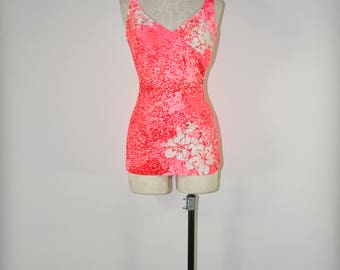 50s salmon pink swimsuit / 1950s one piece bathing suit / bright floral print maillot