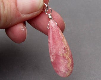 Rhodochrosite Pendant, Sterling Silver Wire Wrapped Pendant, Necklace Pendant, Interchangeable Pendant Jewelry with Jump Ring, Stone 50