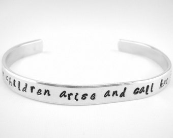 Her children arise and call her blessed Proverbs 31 scripture bracelet gift for Mother, Bible verse Mom jewelry, stamped aluminum cuff