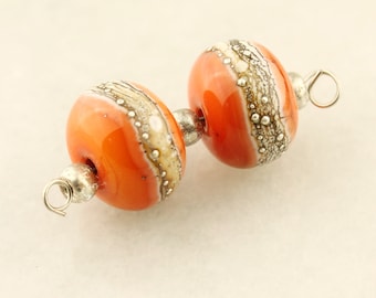 Lampwork Glass Bead Set Earring Pair, Orange and Silver