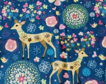 Beautiful multi coloured cotton linen fabric with deer, flowers and hearts on a dark blue background per fat quarter / per half metre