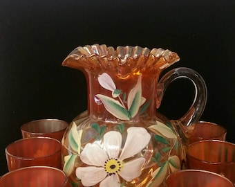 Fenton Hand Painted Carnival Glass Pitcher and Tumblers